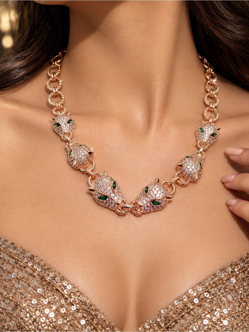 14k Gold plated, panther Head”with CZ crystal 
Necklace with Green Stone Eyes